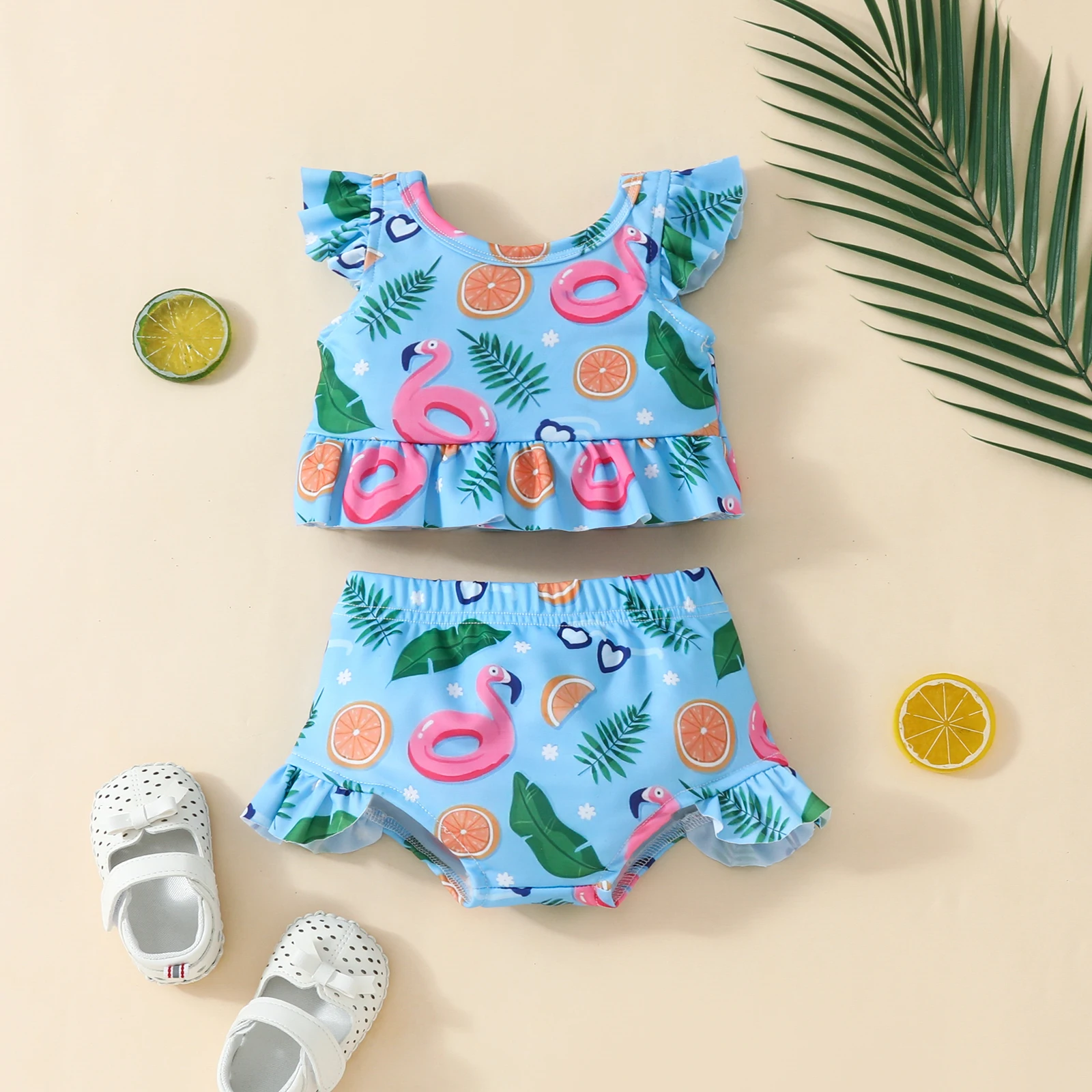 0-2 year old baby girls short two-piece swimsuit flying sleeve printed fruit top flounces short set swimming summer