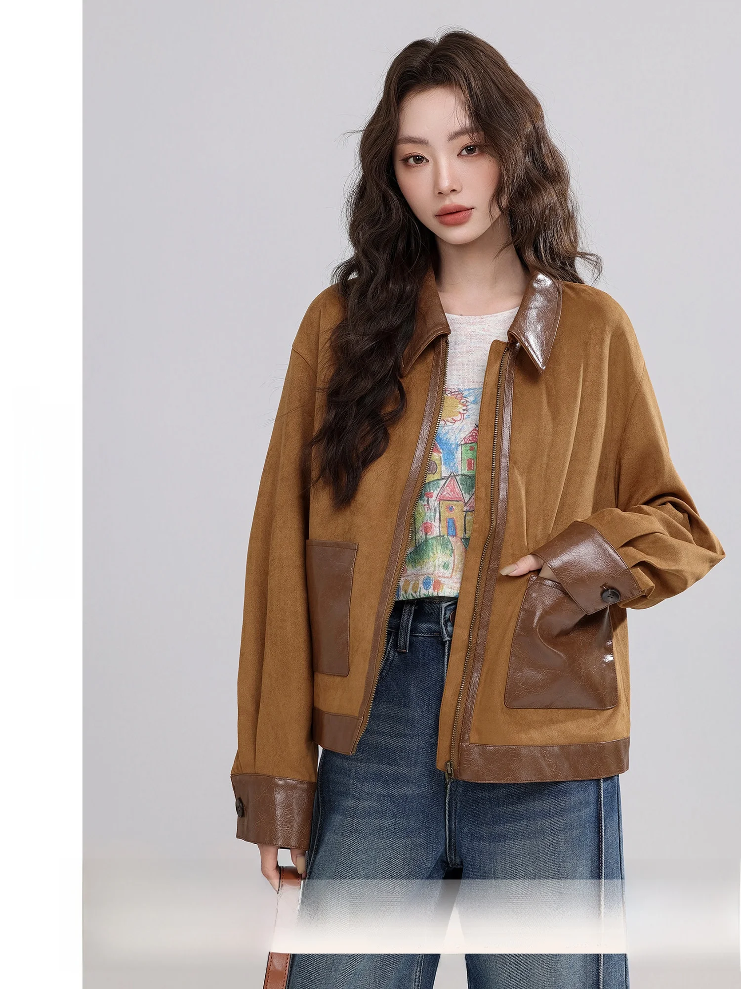 

Fall 2025 New Retro Brown Collar Zipper Splicing Suede Jaet Women's Sle Loose Fit Polyester Long Sve Straight Hemline
