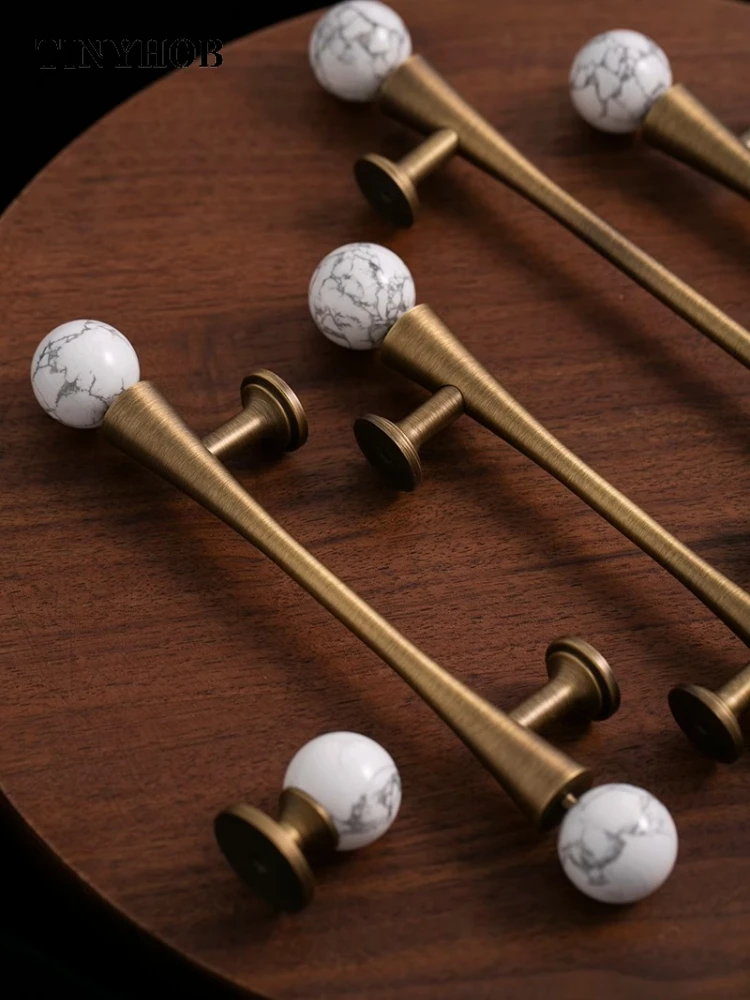 White Marble + Brass Cabinet Handles  Antique Bronze  Home Decor Wardrobe Pulls Drawer Round Knobs Vintage Furniture Hardware