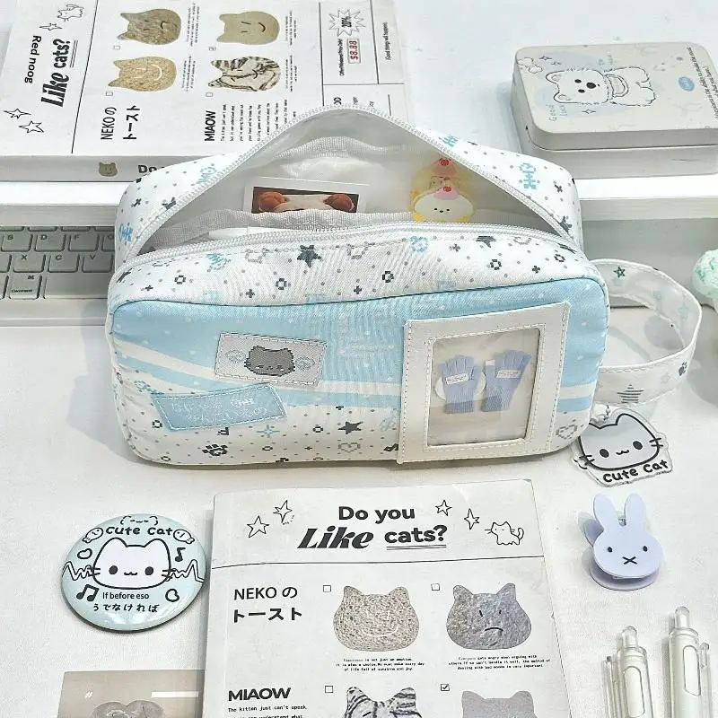 1Pcs Portable Blue Pencil Case Polka Dot Print Cute Cat Pencil Pouch Large Capacity Stationery Organizer School Supplies