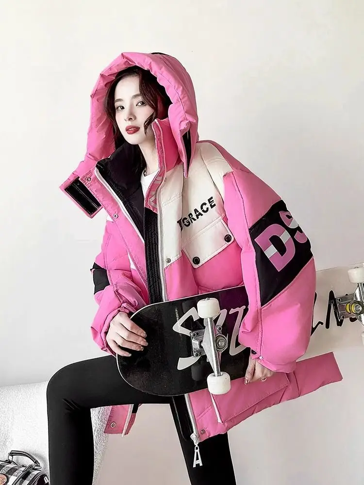 European fashion contrasting color cargo Parker medium long down jacket women's winter new white duck down loose jacket