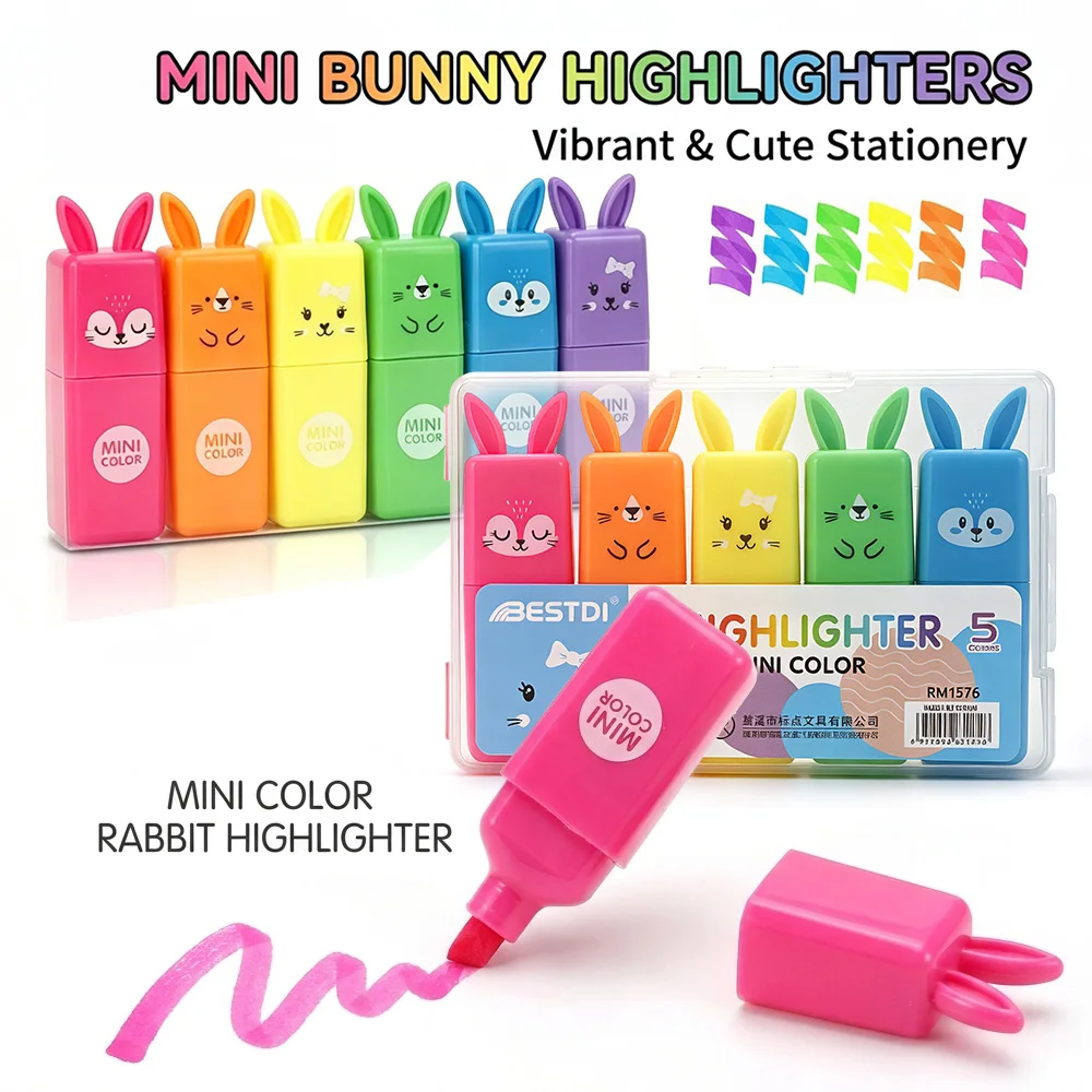 Niedlicher Hasen-Mini-Textmarker 4/5/6 Stück Pastellfarben Fluoreszierender Marker Wasserfest Keilspitze Notizen Journal Schule Büro Werkzeug