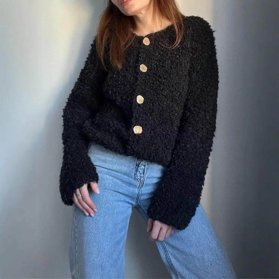 

Американский вязаный кардиган с длинными рукавами, черный, на пуговицах, повседневный, из овечьего вельвета, универсальный, для поездок на работу, средней толщины