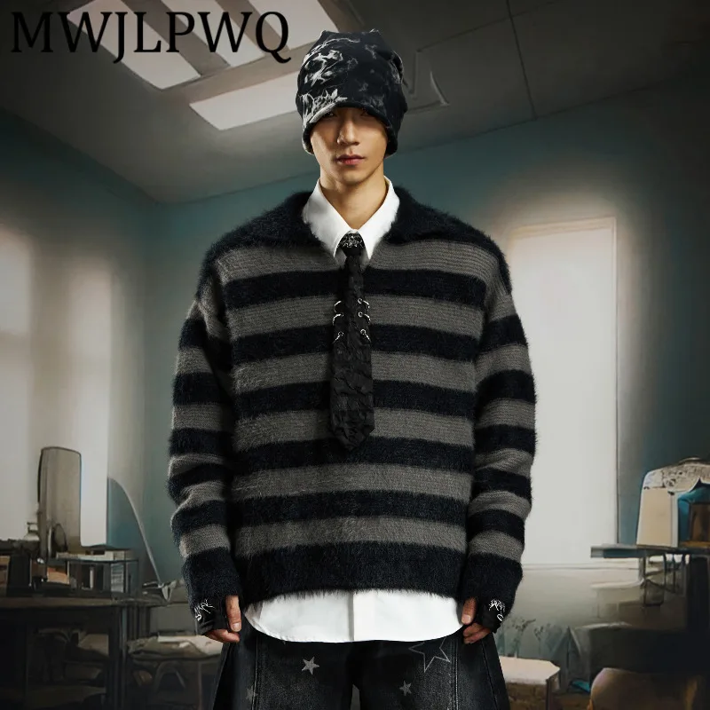 

MWJLPWQ Lapel V-Neck Men's Striped Warm Knitted Lazy Casual Round Neck Sweater High Street Loose Fit Tops Unisex Winter 12599