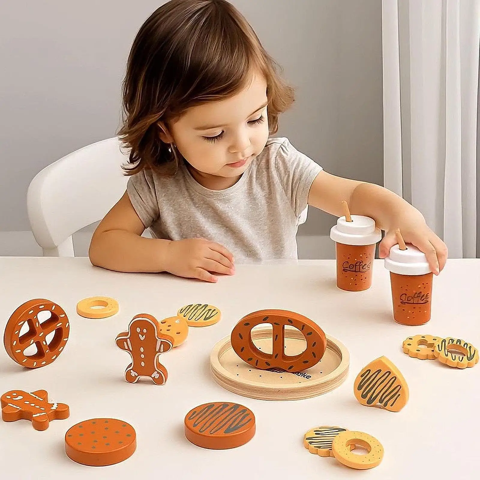 مجموعة طعام خشبية للعب البسكويت، ملحقات المطبخ، شريحة كوكيز واقعية وخبز للفتيات والفتيان، لعب الأدوار التظاهري