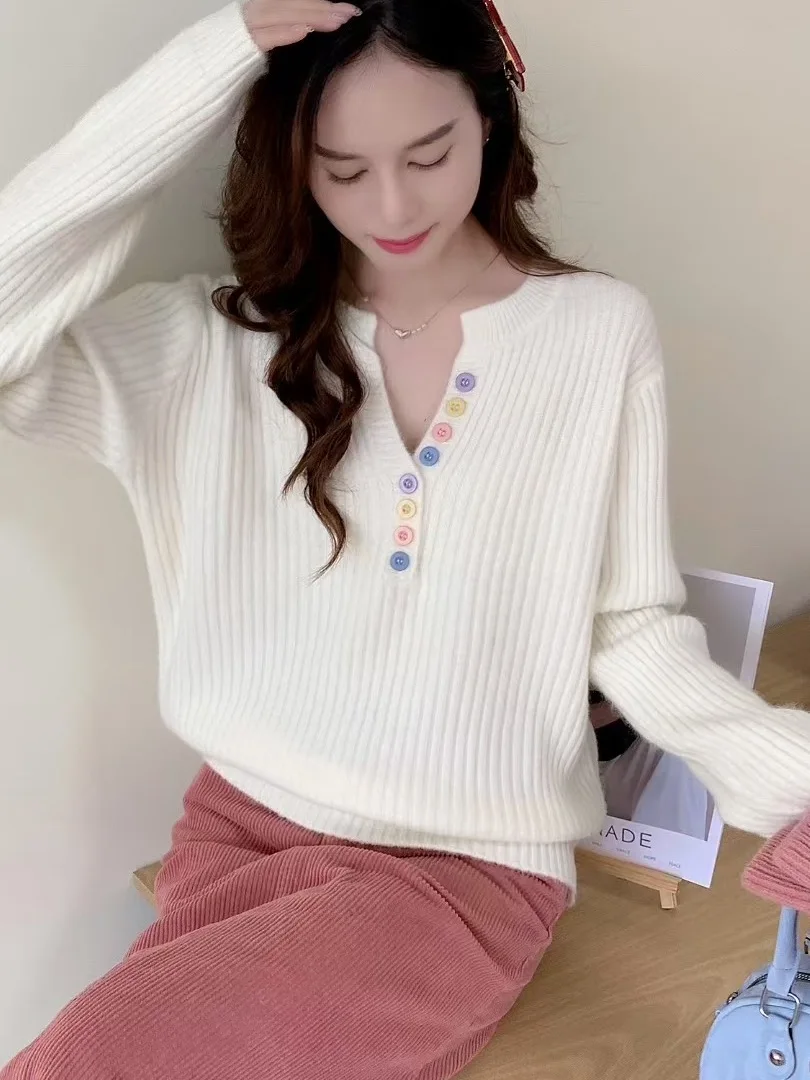   Bouton Long Sve Pull tricoté Femme Printemps Automne Hiver Nouveau Sle Design coréen Sensation Vent doux Anti-agi...
