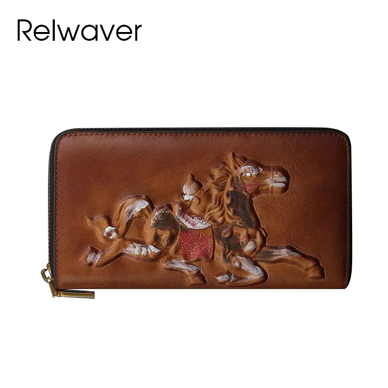 

Relwaver horse embossing tree cream cow leather wallet women men Chinese style party purse vintage long zipper clutch wallet