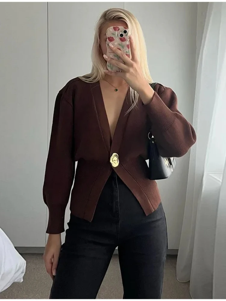 

Chic Sequined Button Knitted Cardigans for Women Elegant Deep V Neck Long Sleeve Slim Warm Sweater Autumn New Lady Knitwear Top