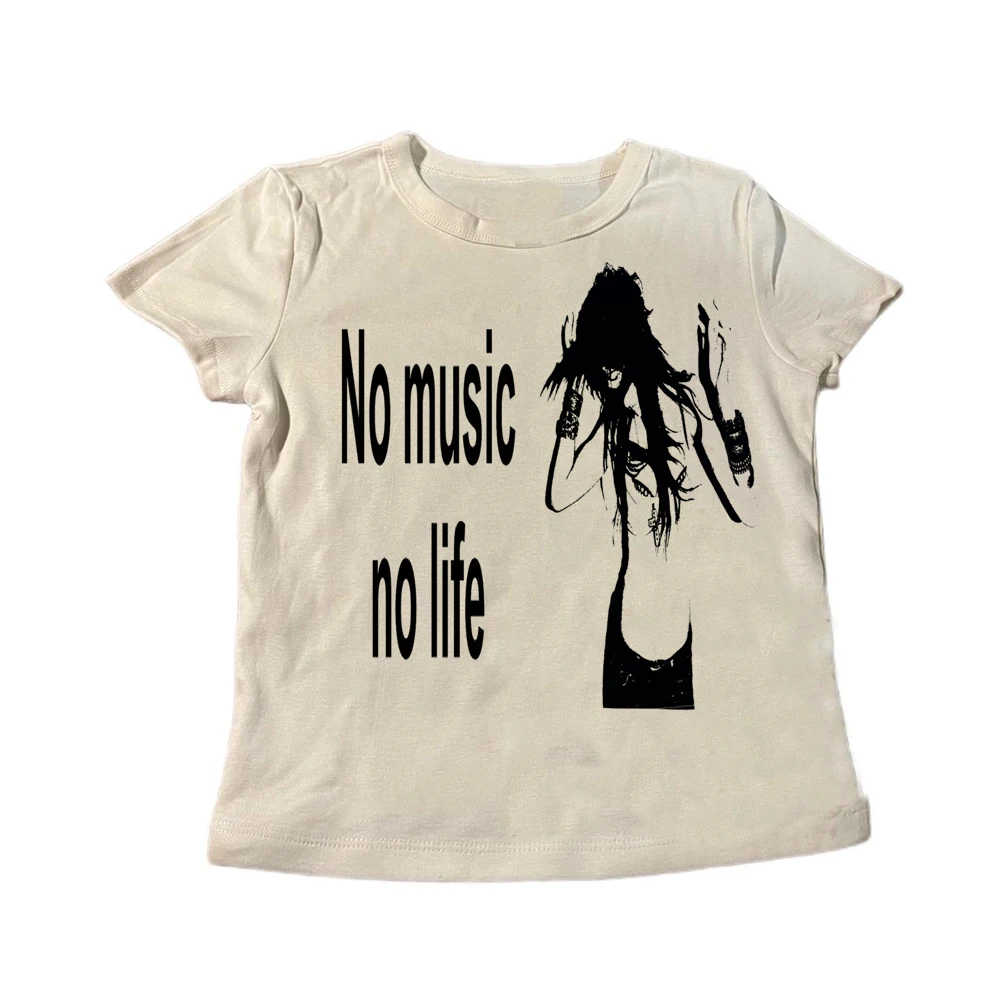 Punk Rock Zitat Grafik Langarm-T-Shirt No Music No Life Dark Grunge Music Lover Y2K Alt Damen Slim Fit Top – Detail 3