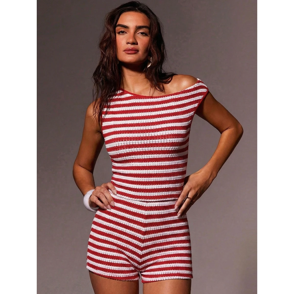 Summer Knitted Stripe Pattern  Vest Shorts Set Two-Piece Suit Casual Wear Intellectual Style No Brand Other Material 100%
