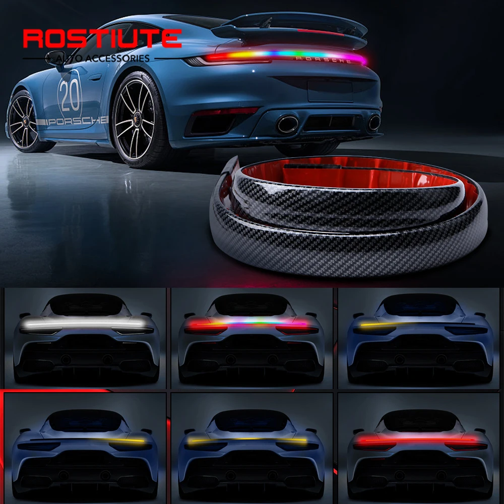 

1.2M RGB Car Rear Spoiler Light Strip Carbon Fiber Sequential LED Third Brake Light Bar with Yellow Turn Signal Red Brake Light