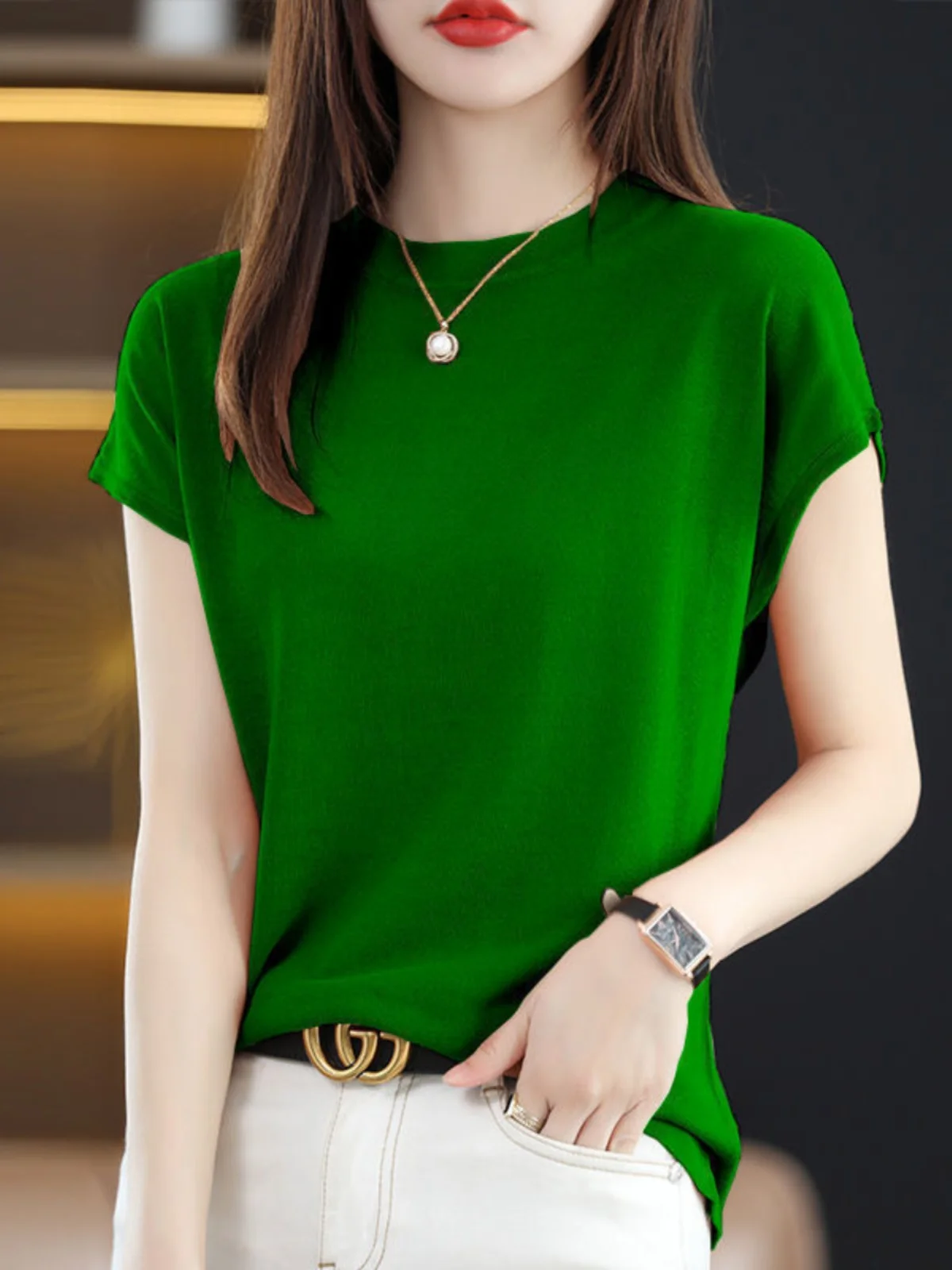

Ice Silk Knitted Short Sleeve T-Shirt Women's Half High Collar Summer Short Loose Parka Style Vest Apparent