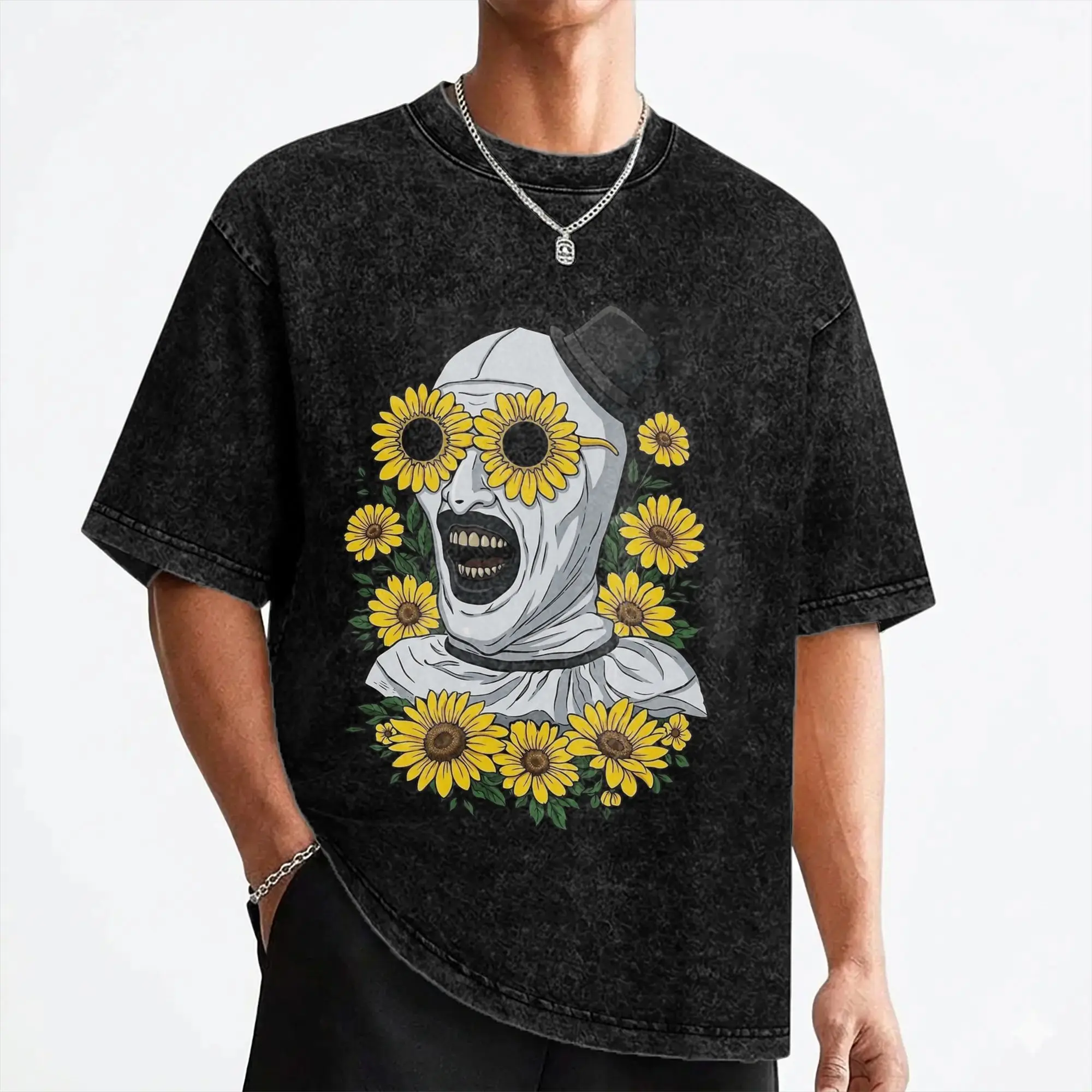 Terrifiers Art And Sunflowers T Shirt Washed Cotton High Street T-Shirt Halloween Cool for Men Women Streetwear Summer Tee Shirt