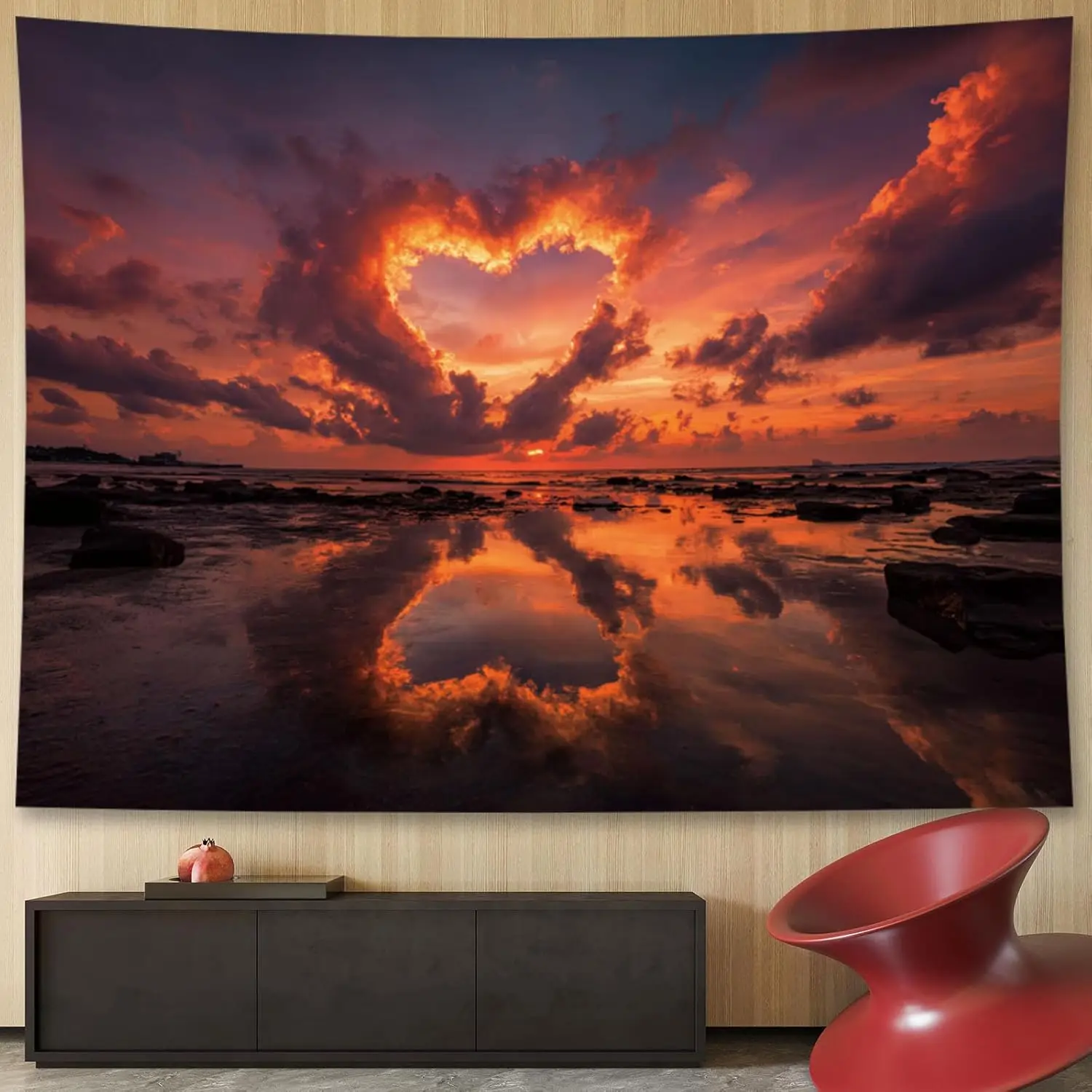 Heart Sunset Tapestry - Romantic Ocean Sky Wall Art, Colorful Cloud Reflection Decor, Living Room Bedroom, Multiple Sizes