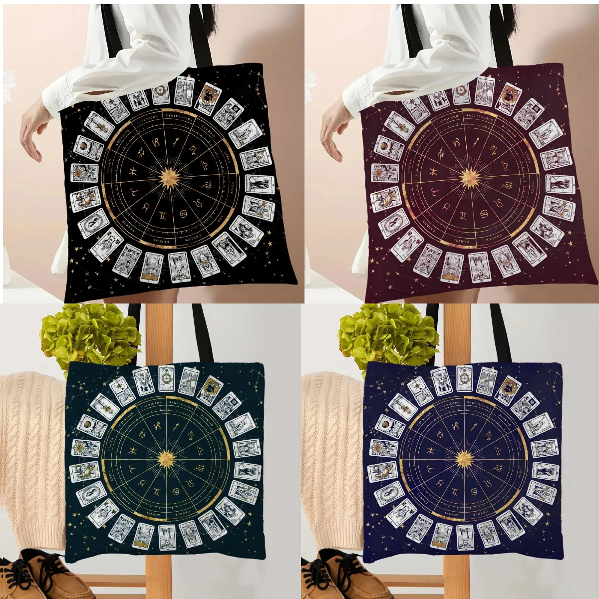 1pc Eco Reusable Shopping Bag Tarot Art Print Totes Ladies Shoulder Bags 12 Zodiac Card Game Theme Pattern Casual Handbag 5.13