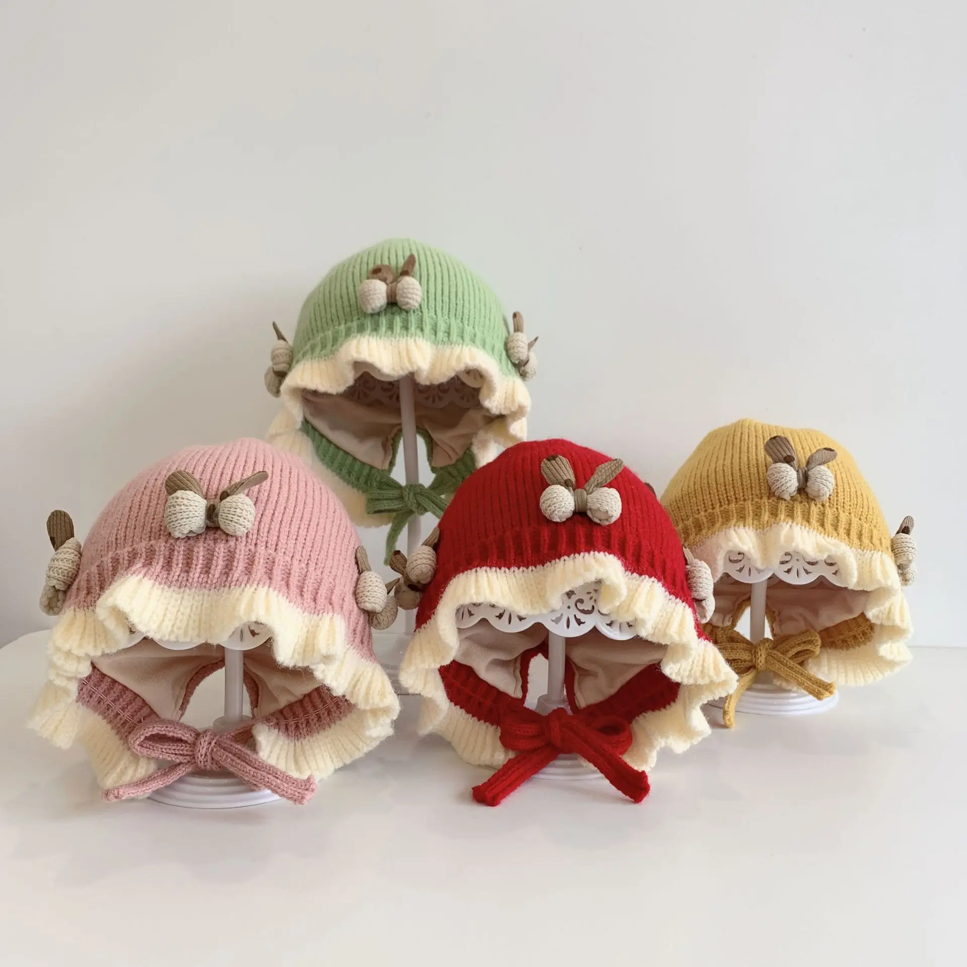 

Kids Beanie 44-48cm Newborn Baby Hat Autumn Winter Cute Princess Hat Cotton Lined Girl Baby Wool Cap Warm Windproof Knit Cap