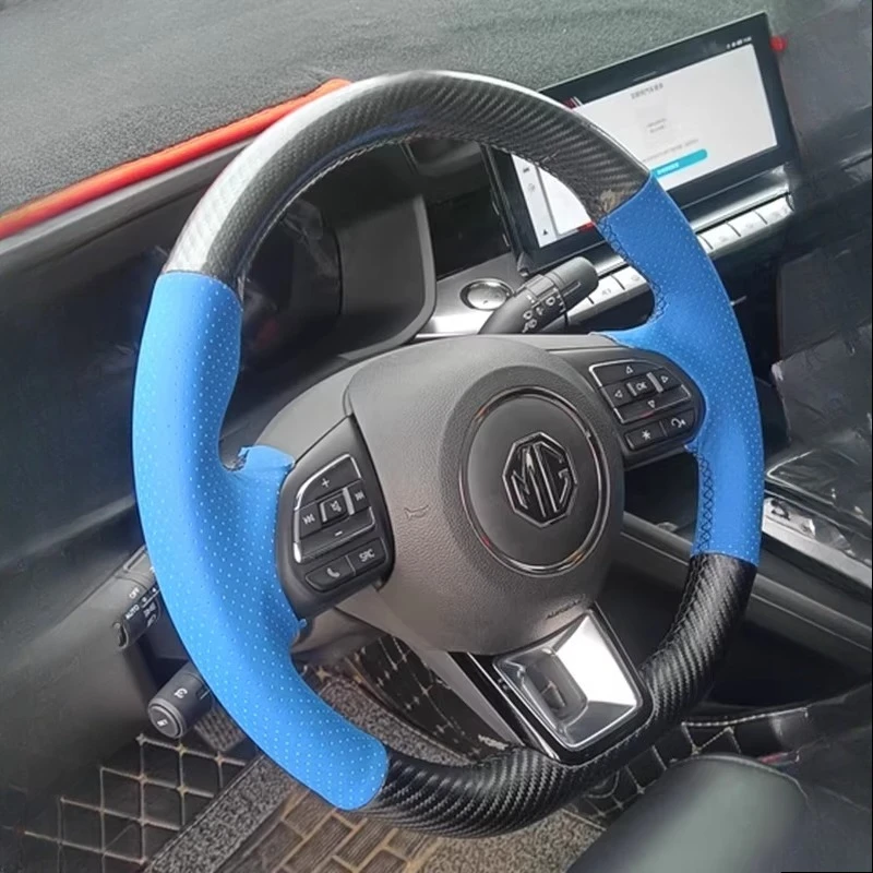 mg-5-6-rx5-rx8-zs-ev-2018-2023用-手縫い-ライトブルー-本革-カーボンファイバー-滑り止め-車用ステアリングホイールカバー