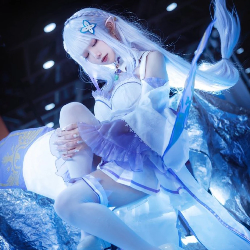 Disfraz de Emilia Cosplay Rezero, disfraz de anime Re Zero, capa, peluca, vestido para mujer, disfraces de Halloween