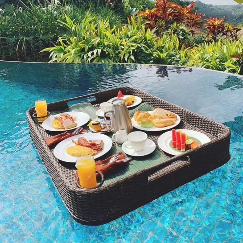 Modern Aluminum Floating Breakfast Tray for Pool Multi Shape Polyethylene Rattan Design Holiday Leisure Outdoor Water Service