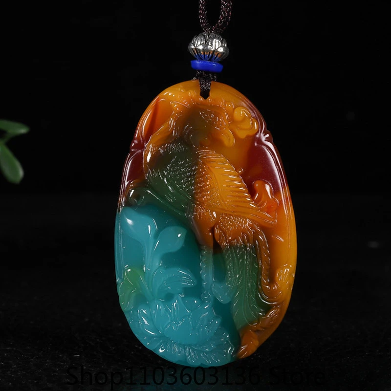 

Color Jade Chicken Blood Jade Floating Flower Phoenix Pendant, Same for Men and Women