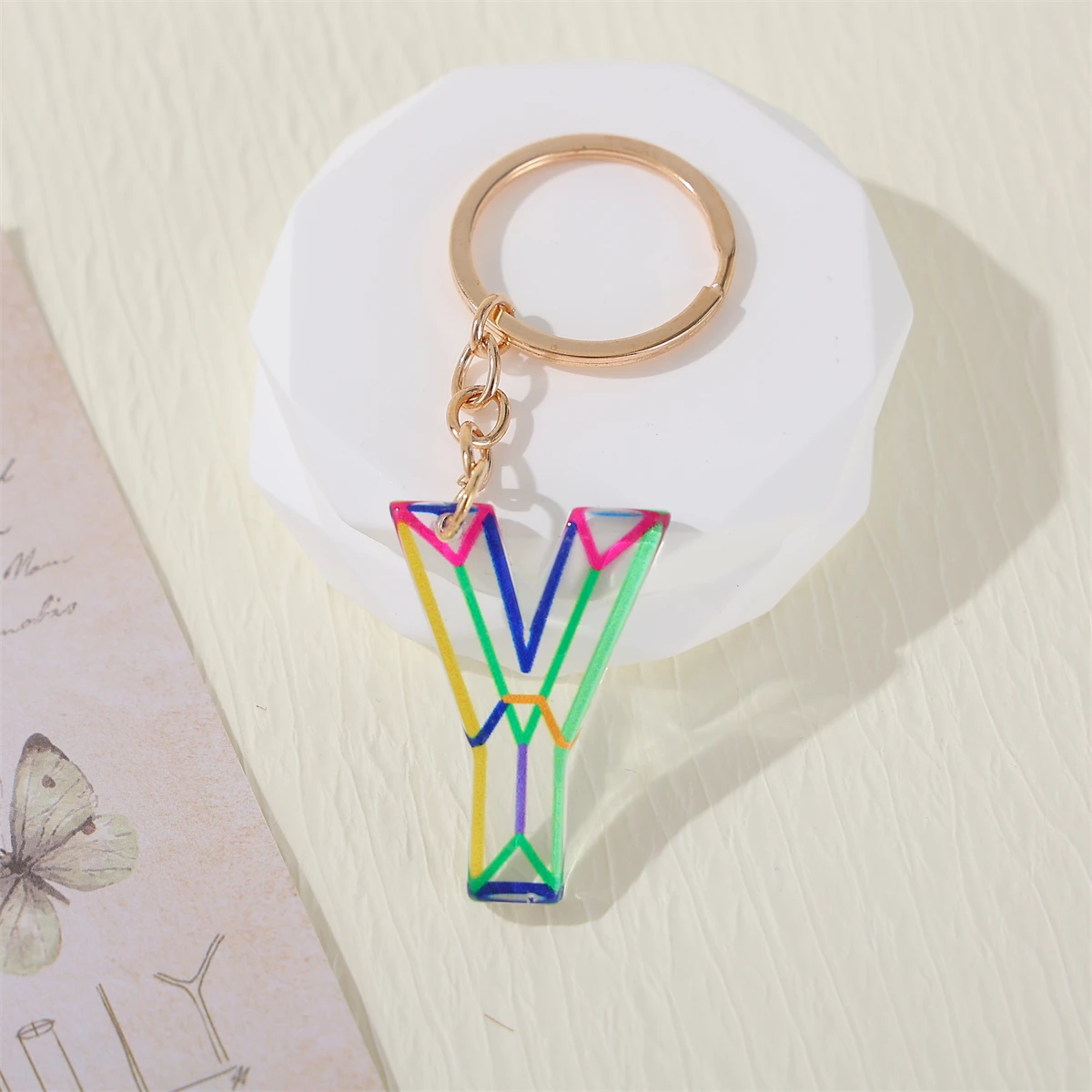 Alphabet Keychain, Transparent Letter Pendant With Line Pattern, 26 Initials Charm Durable Key Ring Accessory