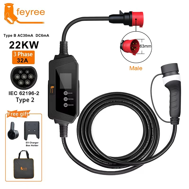 feyree Type2 EV Charger 22KW 32A 3Phase EV Charger EVSE Portable Charging Box 5m Cable with Socket IEC62196-2 for Electric Car