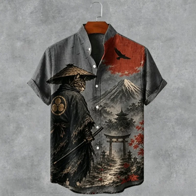 Fashion Art Ronin Cat Graphic Shirt Harajuku Summer Short Sleeve Office Bohemian All-match Tops Oversized Beach Button Down Tees