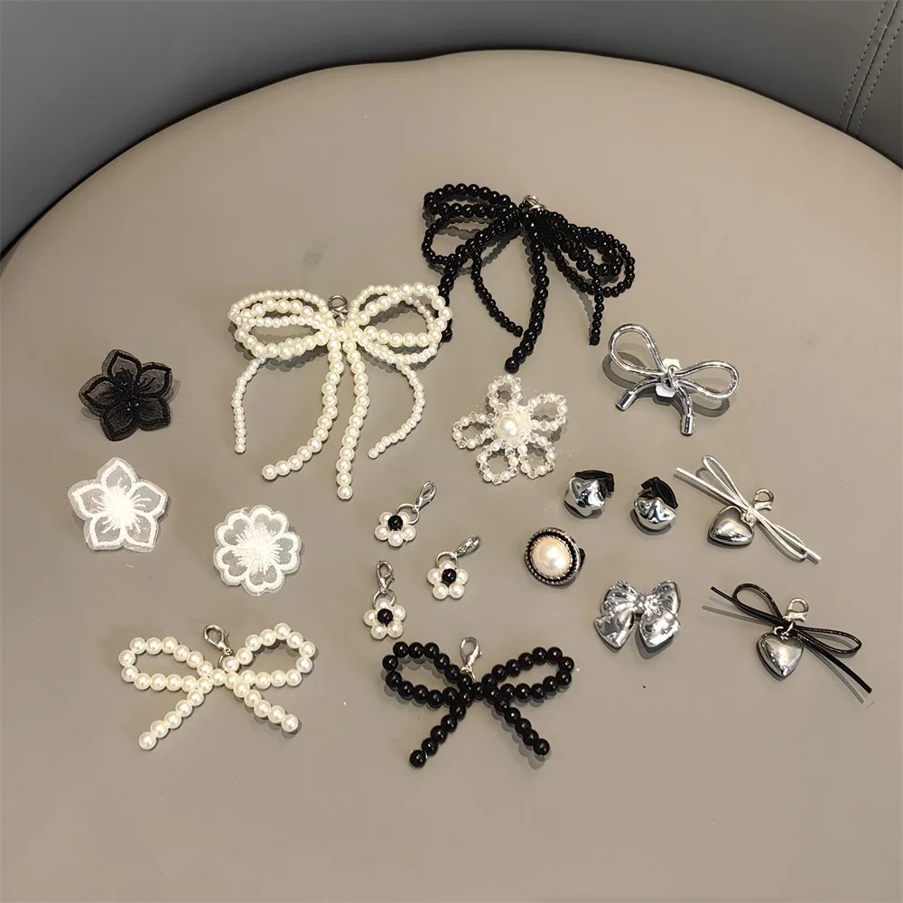 

1PCS Fairy Bow Shoe Laces Set - Black/White with Crystal Flower Pearl Charm Buckle for Ballet Shoes Decorative Laces Accessory
