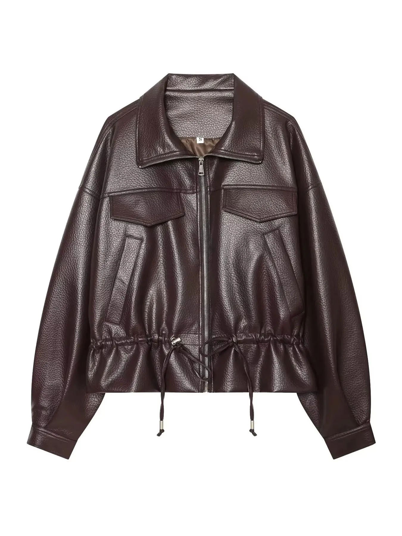 HH Retro Ladies Faux Leather Coat Zipper Adjustable Drawstring Pockets Fashion Party Jacket Casual Brown Long Sleeves Outerwear