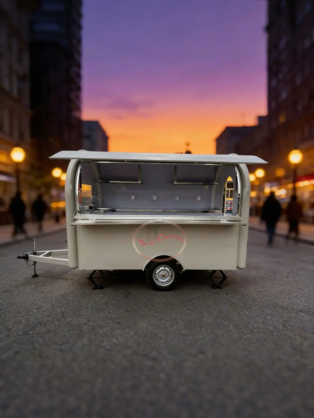 

Outdoor Food Trailer Main Body Cream White Oversized Serving Window Trailer Hitch Support Legs for Catering Business