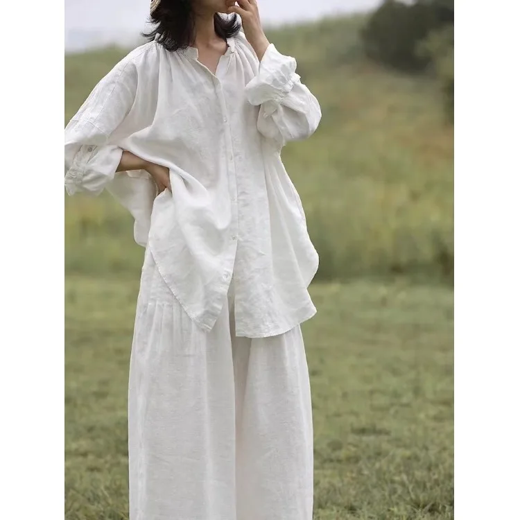 

Elegant White Cotton Linen Shirt Set Women's Casual Loose Lazy Style Linen Shirt Two Piece Set Comfortable Long Sleeve Cardigan