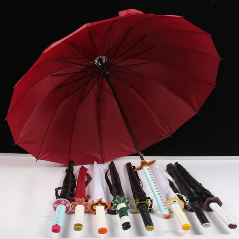 16 Bones Demon Slayer Katana Umbrella Tanjirou Creative Samurai Long Handle Sword Umbrella Windproof Sun Rain Straight Parasol