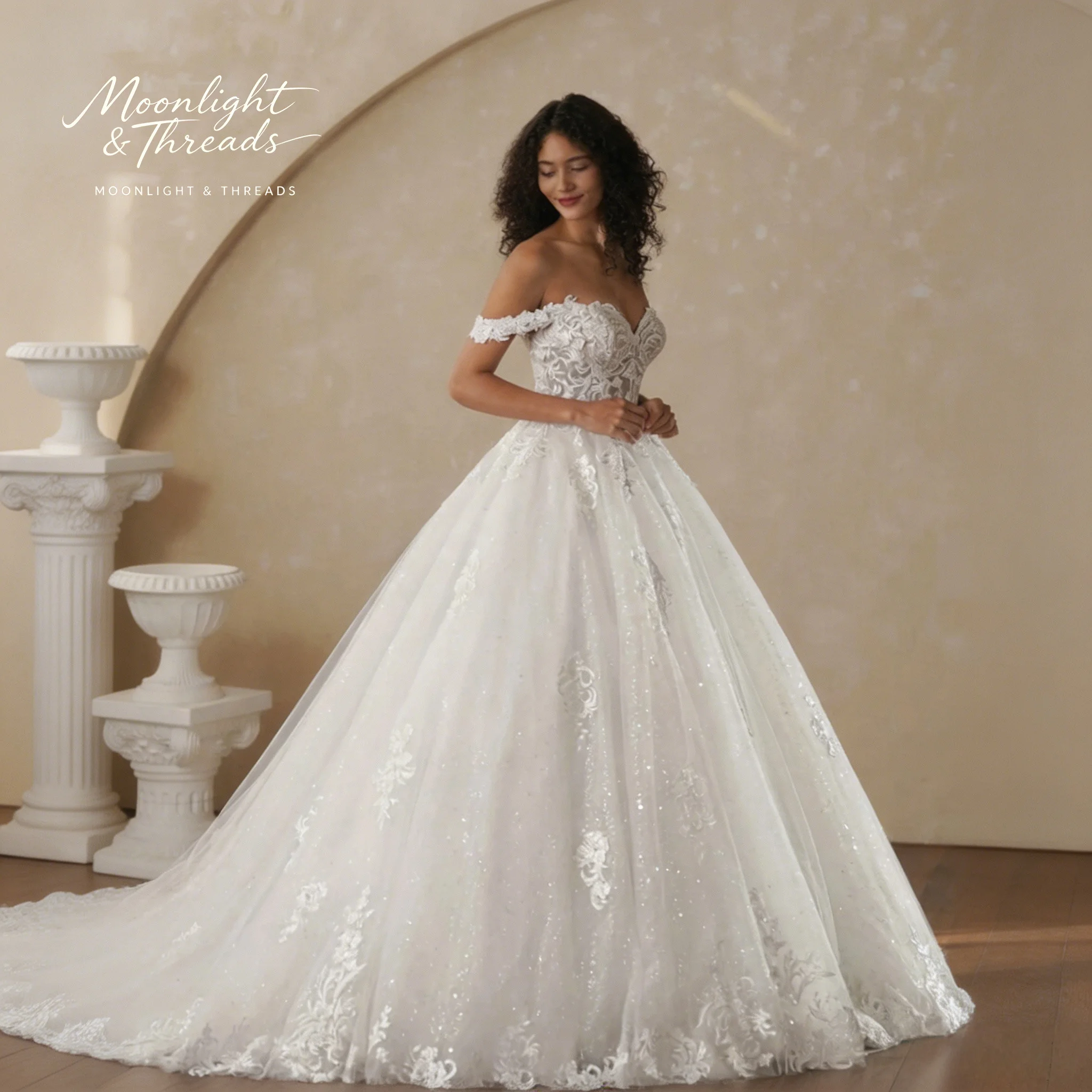 Sweetheart Off-The-Shoulder Lace Applique Wedding Dress, Corset Waist Glitter Tulle Ballgown Bridal Gown With Long Train