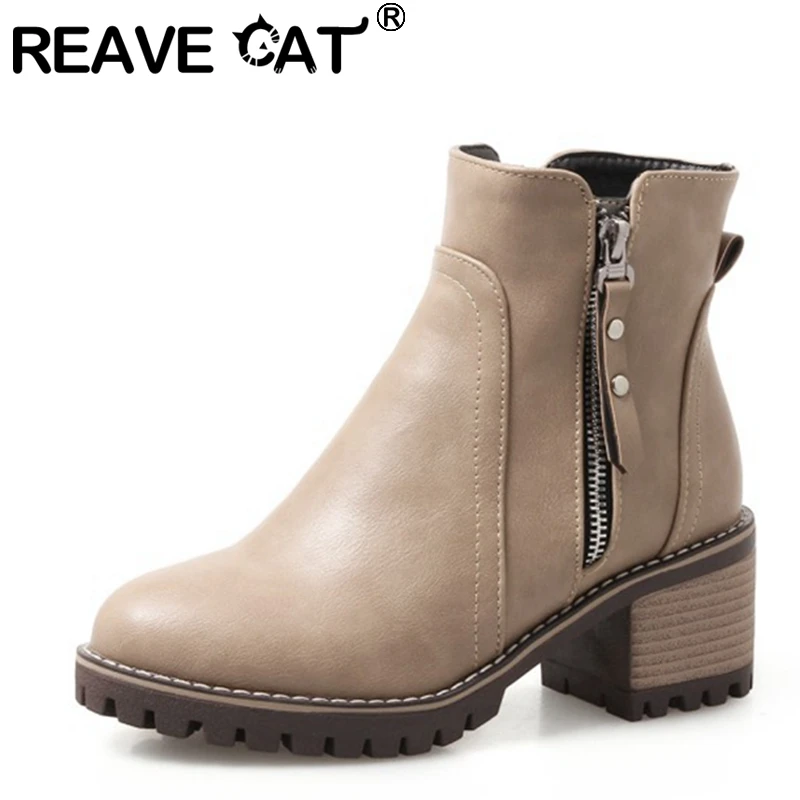 REAVE CAT 2021 Concise Ladies Ankle Boots Round Toe Short Plush Platforms 6CM Chunky Heel US13 Black Beige Grey A4404