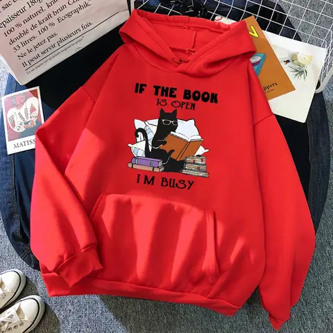책이 열려 있으면 매우 바빠요. Black Cat 후드티, 남성 캐주얼 라운드넥 후드티, 패셔너블한 루즈한 풀오버 스웨트셔츠