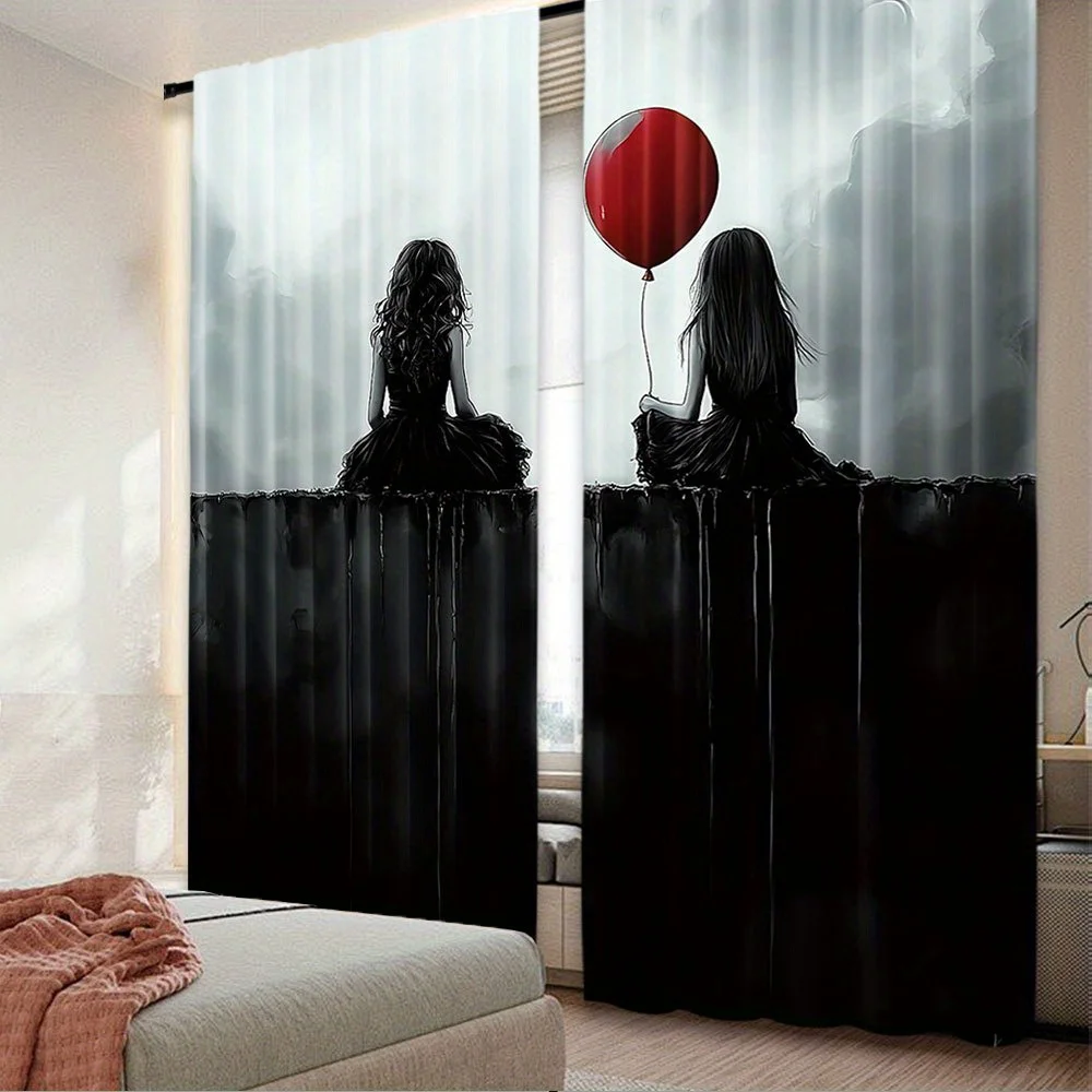 Horror Movie Style Curtains, Red Balloon Silhouette Window Drapes, Scary Ghost Decor, Blackout Fabric for Living Room Bedroom
