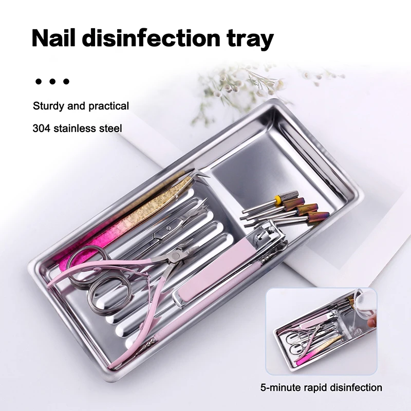 Nail Art Tool Sterilizing Tray Stainless Steel Disinfection Dish Cosmetic Storage Tray Manicure Tweezers Drill Bit Nail Clippers