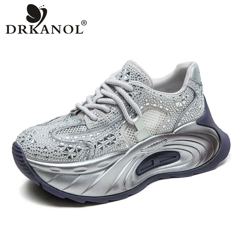 DRKANOL 2026 Baskets décontractées d'été à plateforme pour femme, respirantes en maille aérée, semelle épaisse, strass brillants, style Dad Shoes H7275-29J
