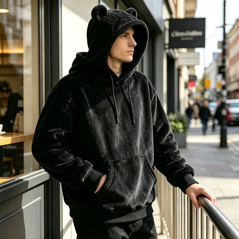 Men Fuzzy Fleece Hoodie Bear Ear Drawstring Kangaroo Pocket Loose Fit Autumn Winter Daily Casual Warm Long Sleeve Pullover Tops