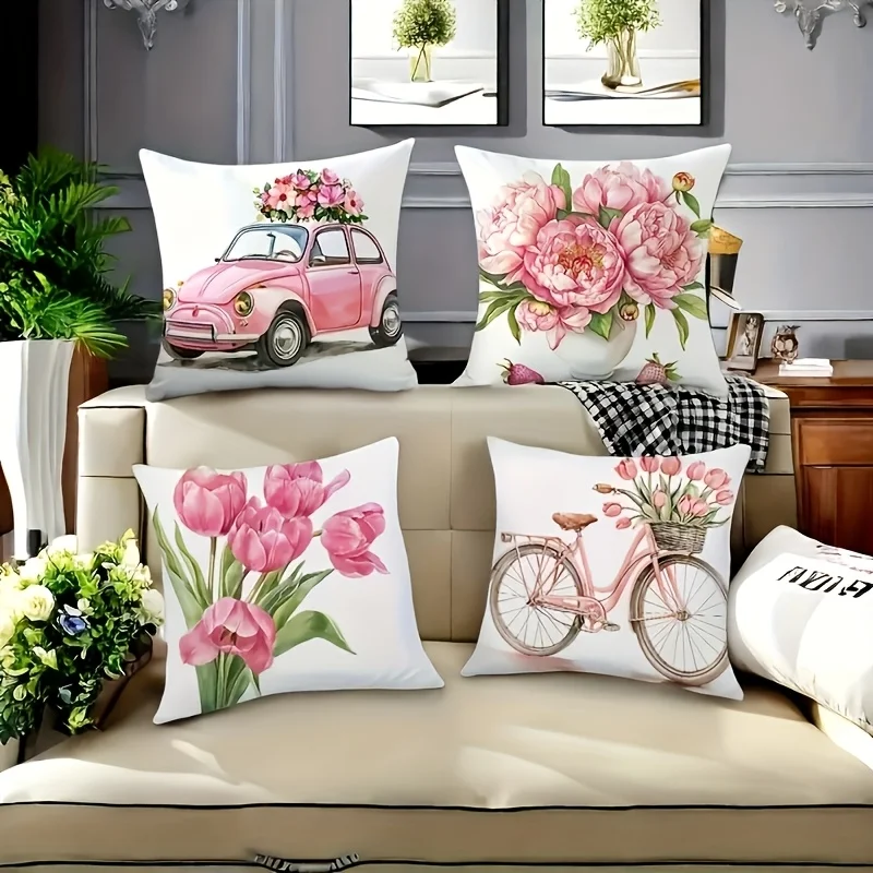 4 Pack Pink Watercolor Pillowcases 45x45cm Floral Car Bike Design Cushion Covers for Living Room Gift Spring Decor
