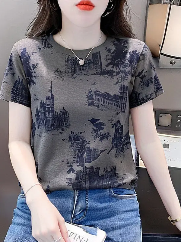 

Loose Mom T-Shirt Women's Short Sleeve Breathable Printed Cotton Blend Summer Fashionable Top for Middle-Aged And Elderly Ladies