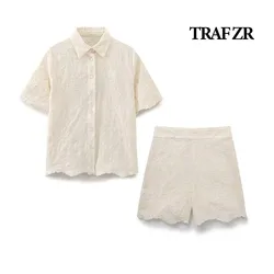 TRAF ZR Short Sets Coton Embroidery Short Sleeve Elegant Fashion Women's Sets 2 Piece Sets Women Summer Outfit Women's Suit