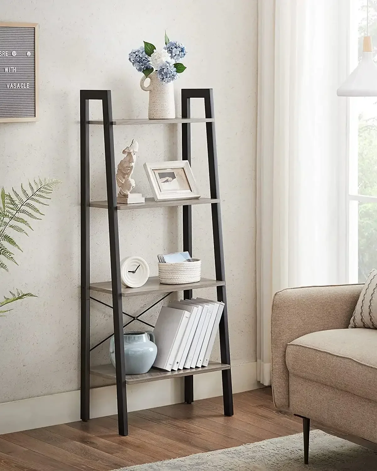 4-Tier Ladder Shelf Ladder Bookshelf Bookcase Storage Rack with Steel Frame Greige and Black