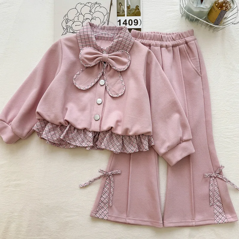 Girls Bow Long Sleeve Sweatshirt & Flare Pants Set – 2-Piece Casual Outfit for Spring, Korean Style Kids Wear