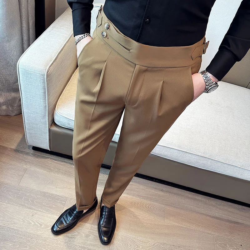 High quality elastic suit pants for men\'s Italian style personalized pleated white small suit pants for youth pants29-40