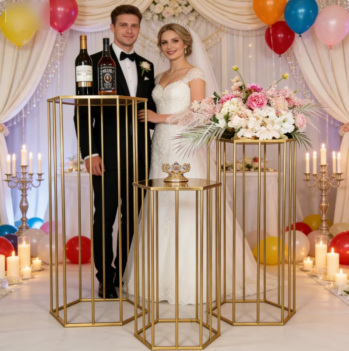 New Stainless Steel Shining Gold Wedding Hexagonal Decorative Table Banquet Performance Party Cake