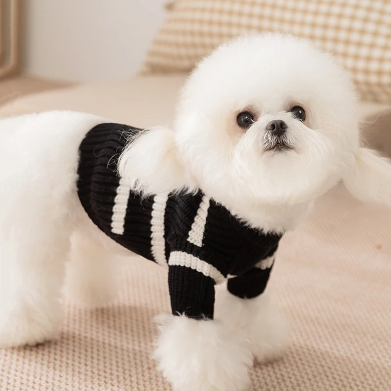 

Winter Pet Black Clothing Teddy Warm Sweater Bichon Frise Striped Knit Sweater Two-legged Casual Dog Clothes XS-XL