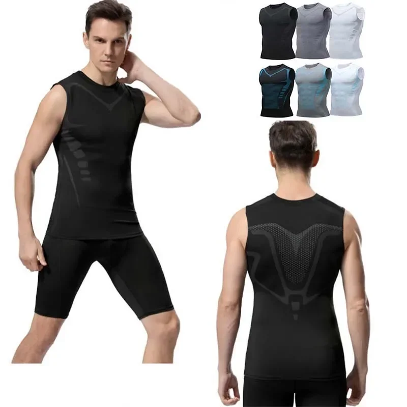 Summer Men's Speed Dry Ice Silk Fitness Vest Fashion Color Matching Sleeveless Round Neck Slim T-shirt Running Vest M-3XL