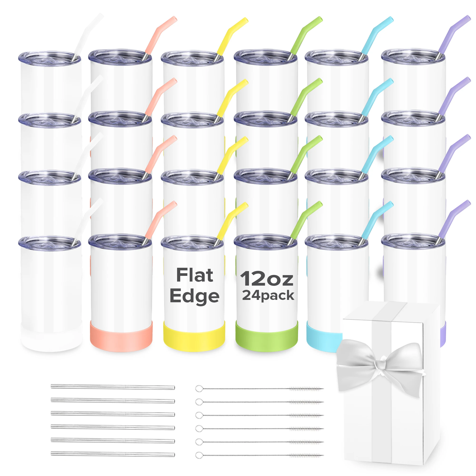 24Pcs 12OZ Sublimation Tumbler with Metal Straw,Straight Sublimation Blanks,Kids Tumbler,Vaccum Insulated Water Bottle，for Gift