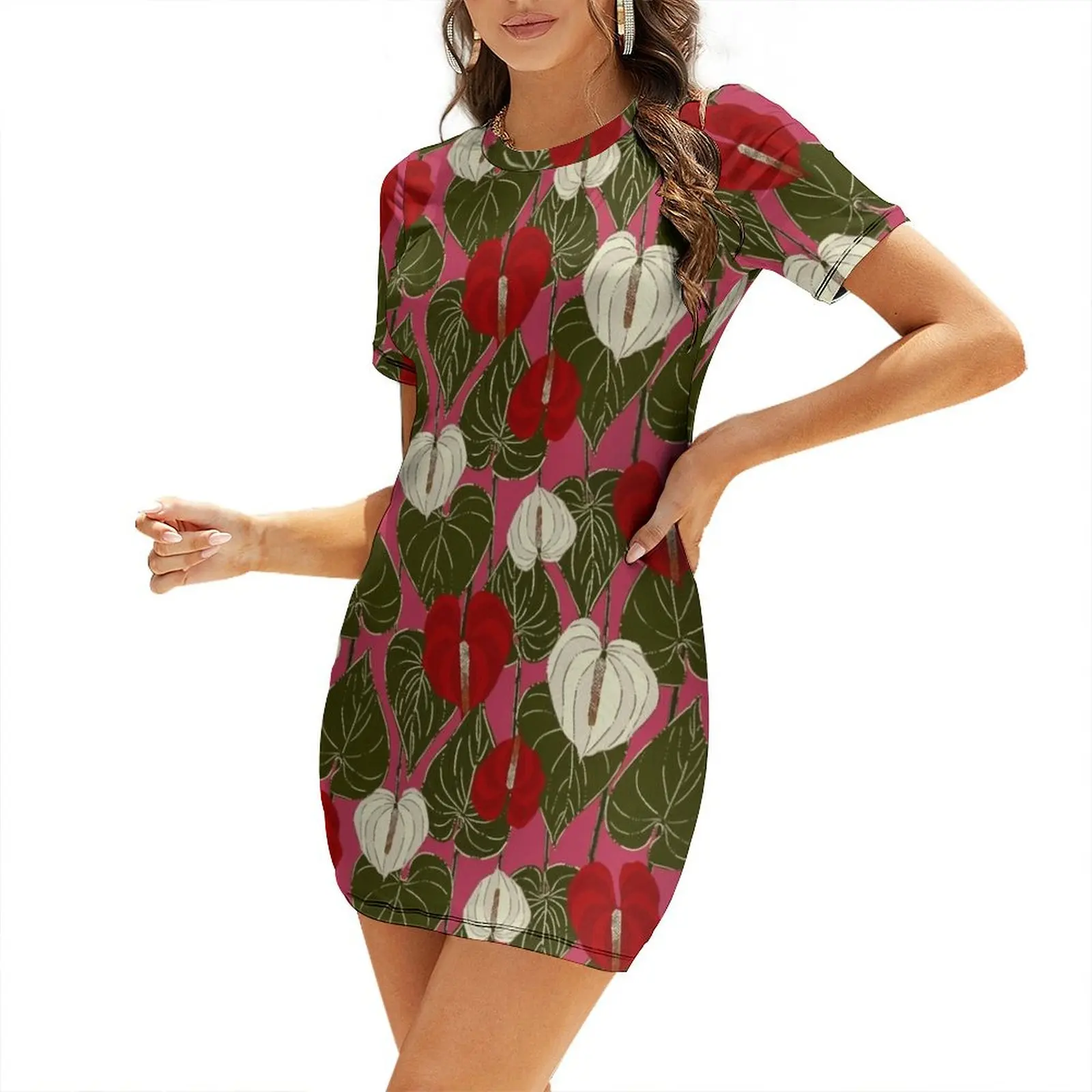 

Anthuriums Viva Magenta Short-Sleeved Dress women's evening dresses 2025 dresses for official occasions prom dress Dress